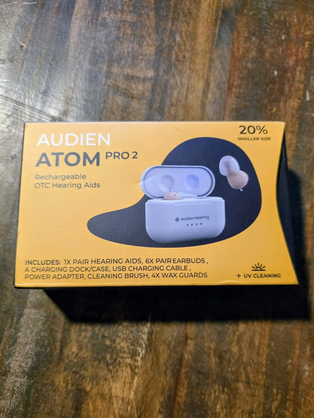 Audien ATOM Pro 2 Rechargeable Hearing Aids - Yellow Packaging